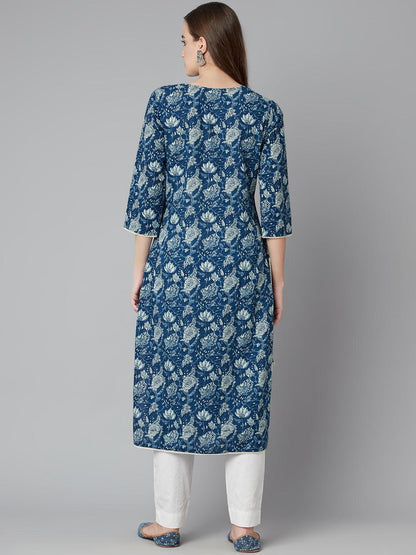 Eshani Blue Floral Straight kurta - Eshani world