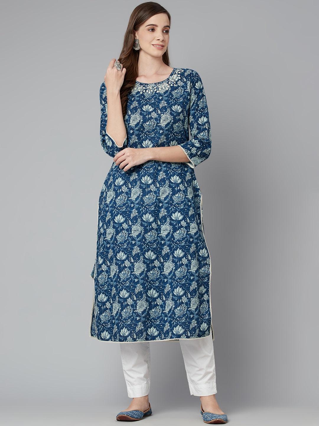 Eshani Blue Floral Straight kurta - Eshani world