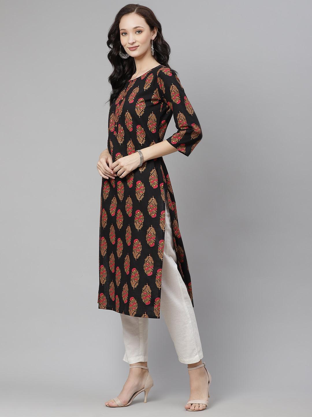 Eshani Black Floral Print Cotton Straight Kurta - Eshani world