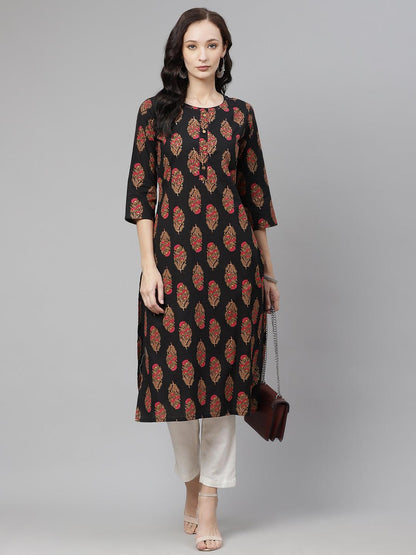 Eshani Black Floral Print Cotton Straight Kurta - Eshani world