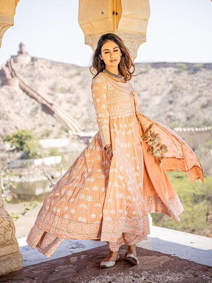 Eshani Peach Double Layered Cotton Flared Kurta with Jacket - divenaworld.com