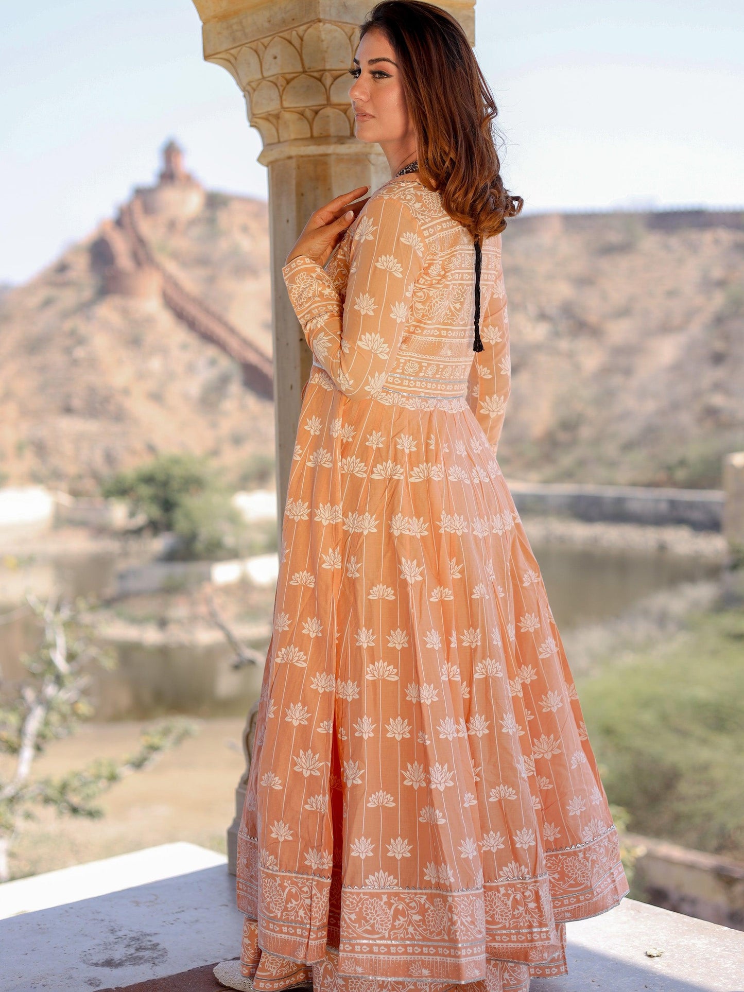 Eshani Peach Double Layered Cotton Flared Kurta with Jacket - divenaworld.com