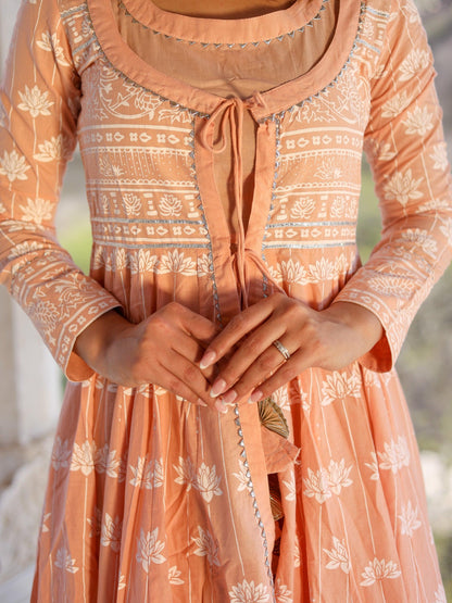 Eshani Peach Double Layered Cotton Flared Kurta with Jacket - divenaworld.com