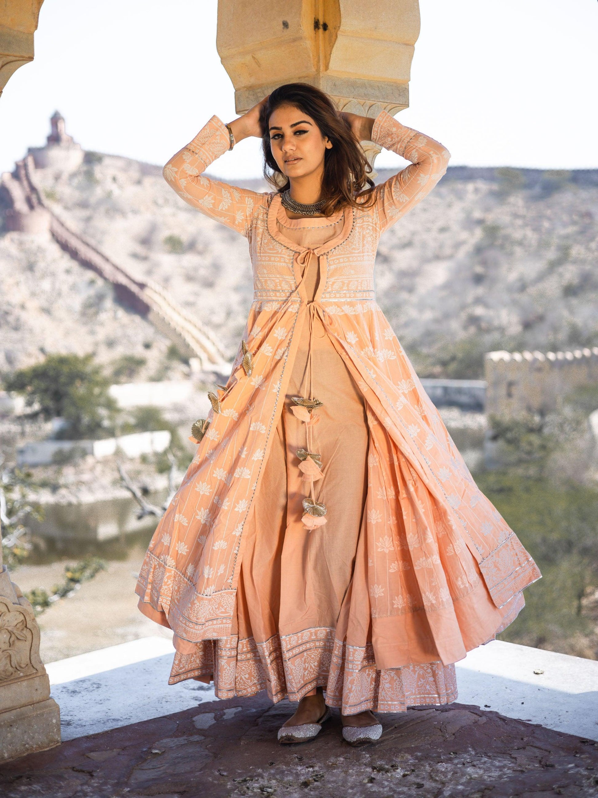 Eshani Peach Double Layered Cotton Flared Kurta with Jacket - divenaworld.com