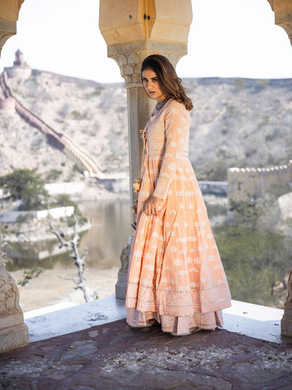 Eshani Peach Double Layered Cotton Flared Kurta with Jacket - divenaworld.com