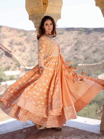 Eshani Peach Double Layered Cotton Flared Kurta with Jacket - divenaworld.com