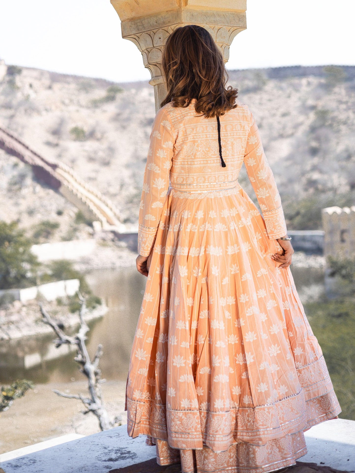 Eshani Peach Double Layered Cotton Flared Kurta with Jacket - divenaworld.com