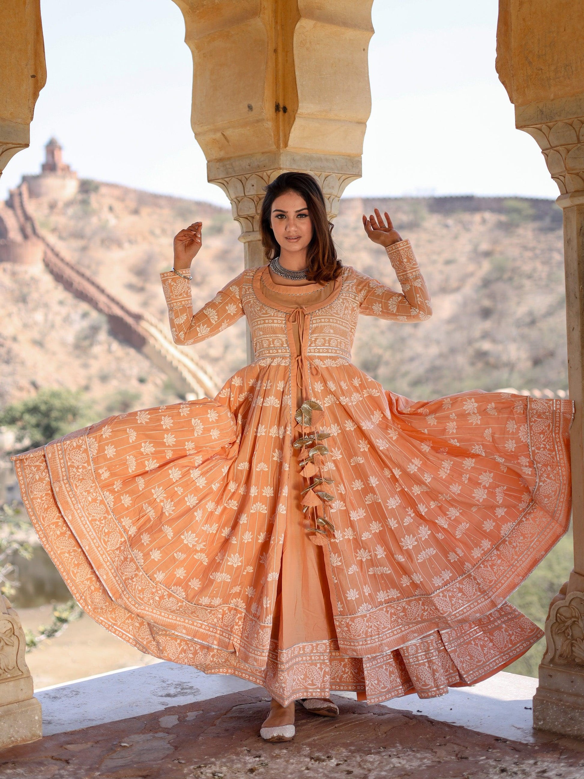 Eshani Peach Double Layered Cotton Flared Kurta with Jacket - divenaworld.com