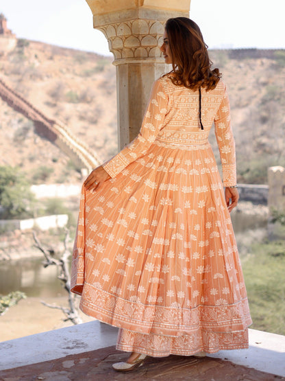 Eshani Peach Double Layered Cotton Flared Kurta with Jacket - divenaworld.com