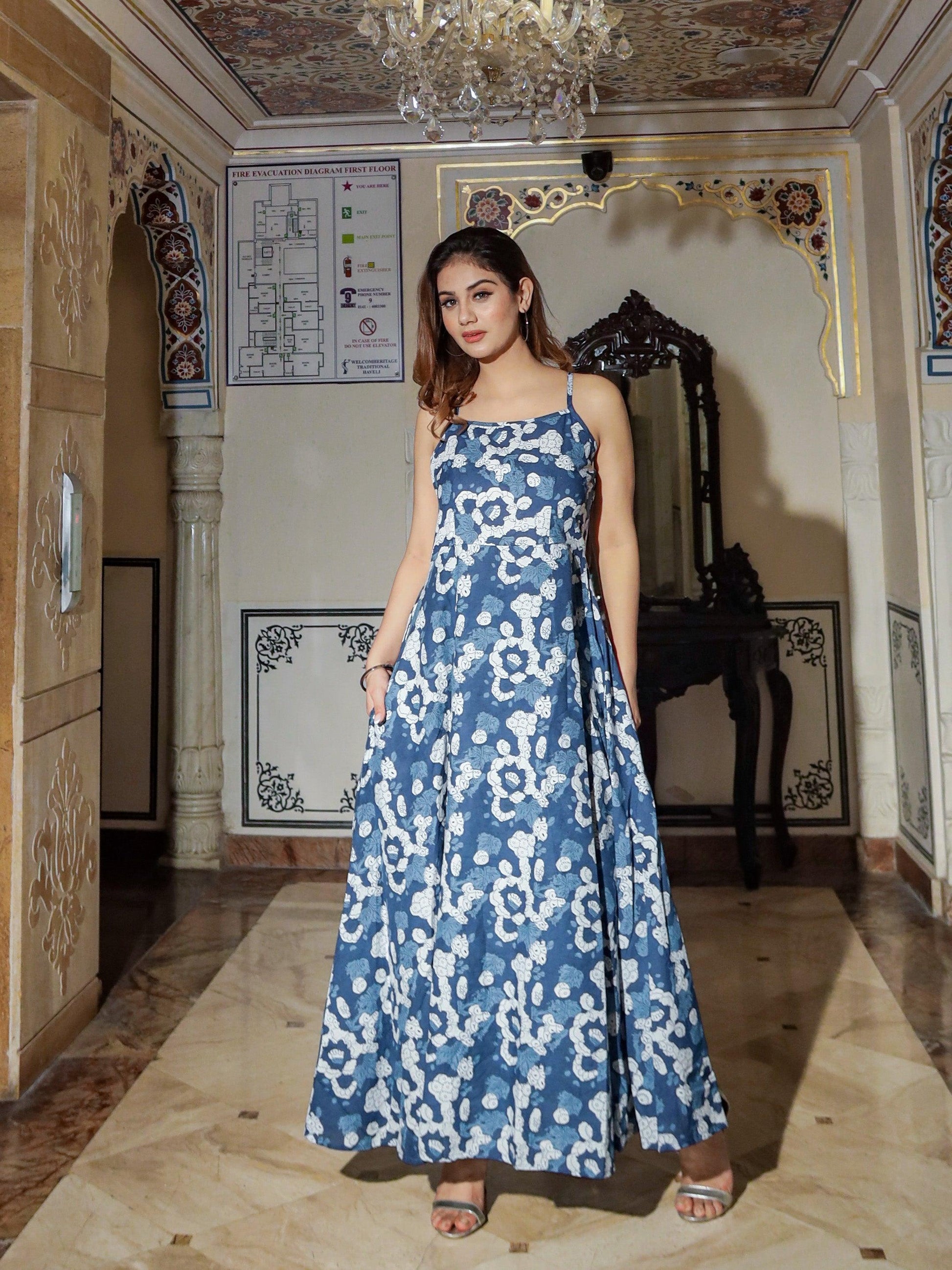 Eshani Indigo Print Cotton Long Dress - divenaworld.com