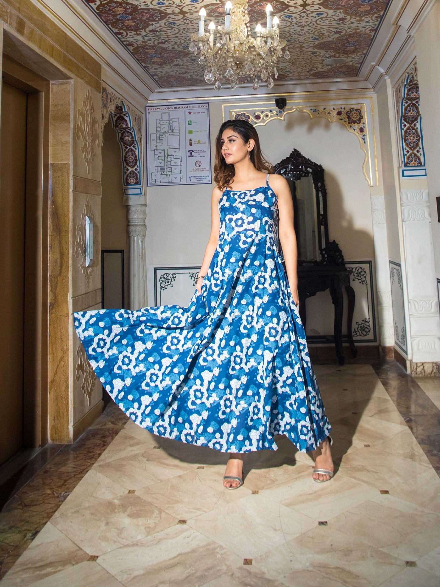 Eshani Indigo Print Cotton Long Dress - divenaworld.com