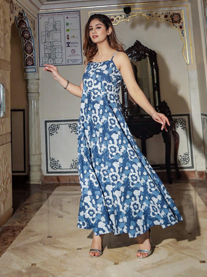 Eshani Indigo Print Cotton Long Dress - divenaworld.com