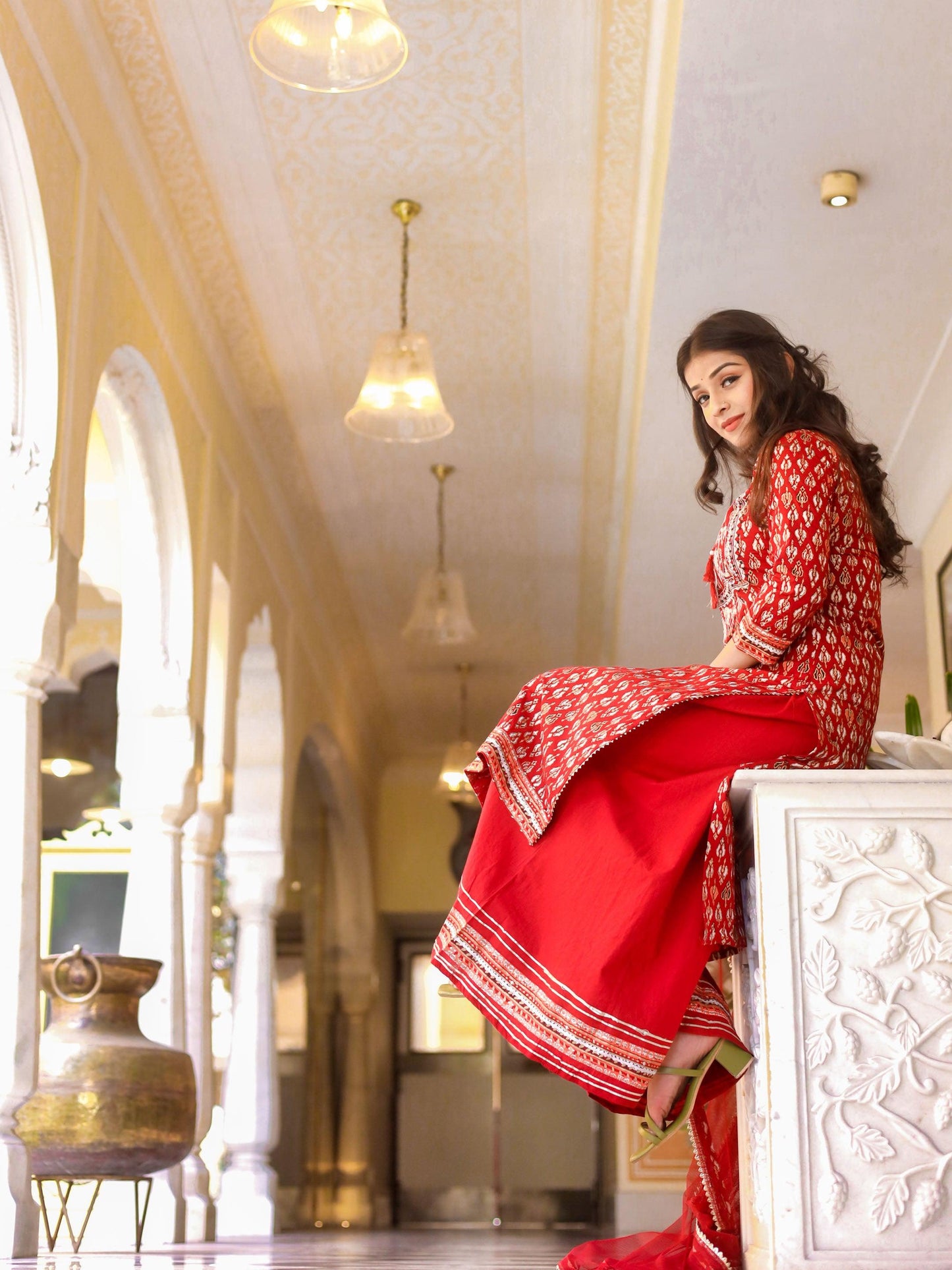 Eshani maroon Cotton Kurta palazzo set with net dupatta - divenaworld.com