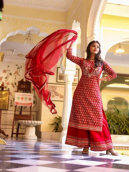 Eshani maroon Cotton Kurta palazzo set with net dupatta - divenaworld.com