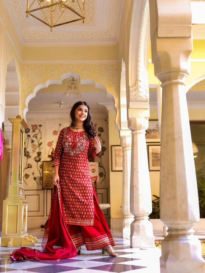 Eshani maroon Cotton Kurta palazzo set with net dupatta - divenaworld.com