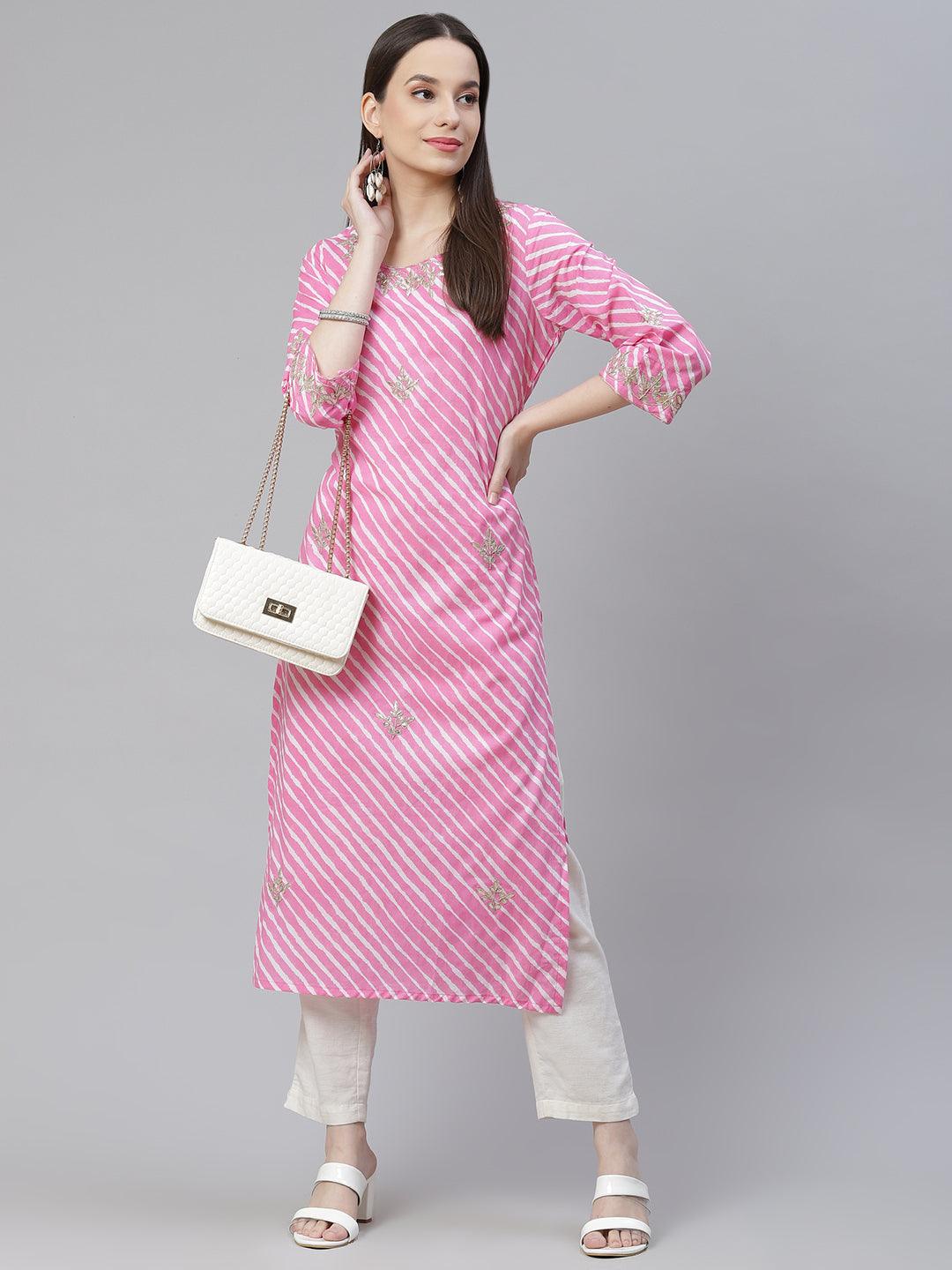 Eshani Pink Lahariya Cotton Gota patti Straight Kurta - Eshani world