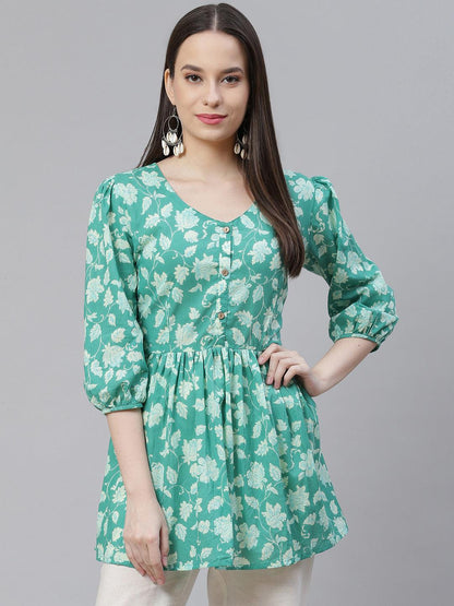 Eshani Sea green Floral Printed Peplum Cotton top - Eshani world