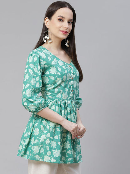 Eshani Sea green Floral Printed Peplum Cotton top - Eshani world