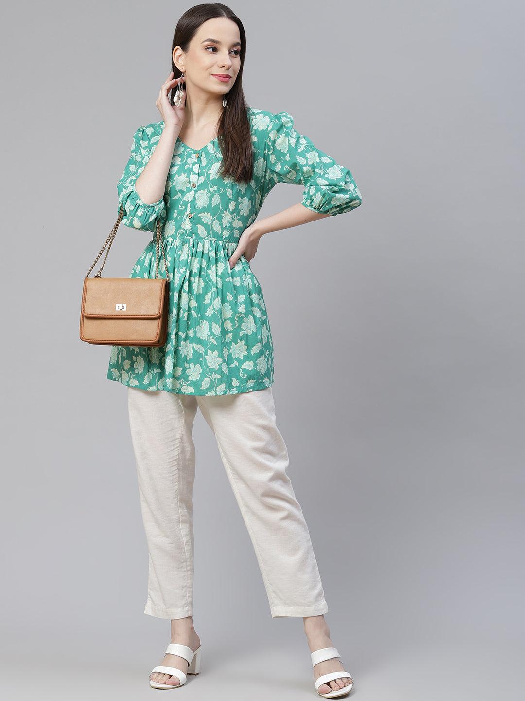 Eshani Sea green Floral Printed Peplum Cotton top - Eshani world