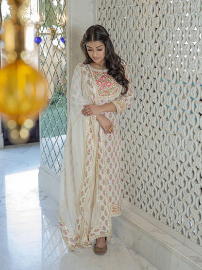 Eshani Off white Cotton Straight Kurta Pant set with Dupatta - divenaworld.com