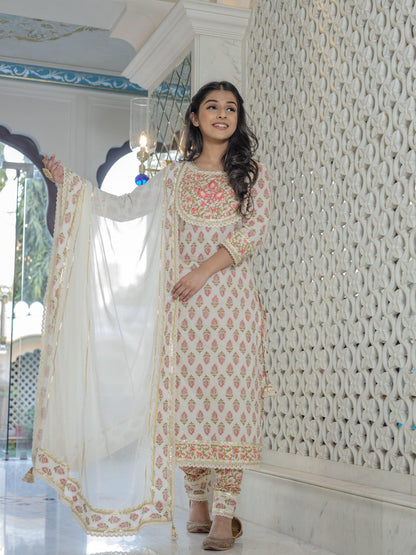 Eshani Off white Cotton Straight Kurta Pant set with Dupatta - divenaworld.com