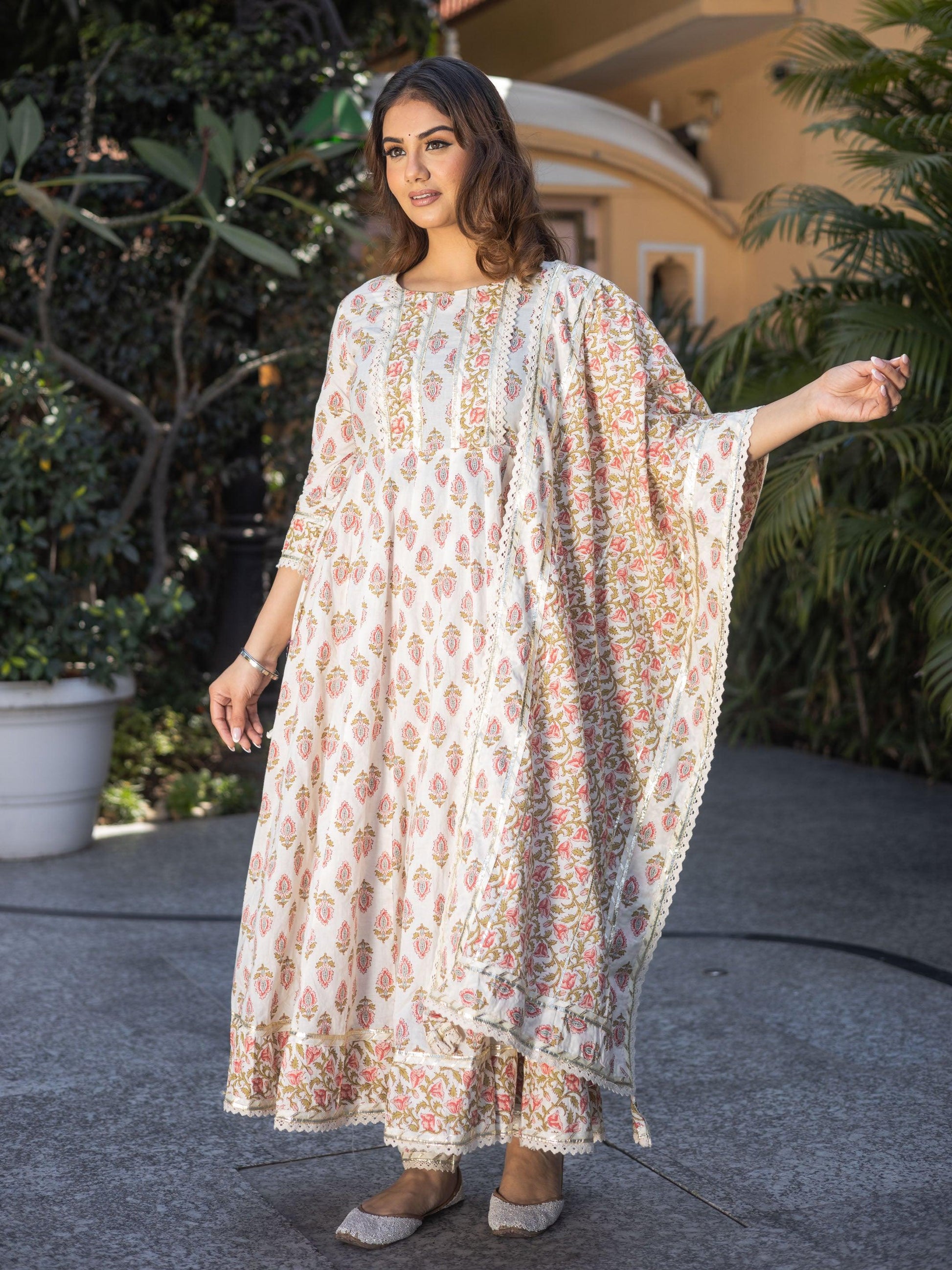 Eshani Cream Floral Anarkali Cotton Kurta Palazzo set with Dupatta - divenaworld.com