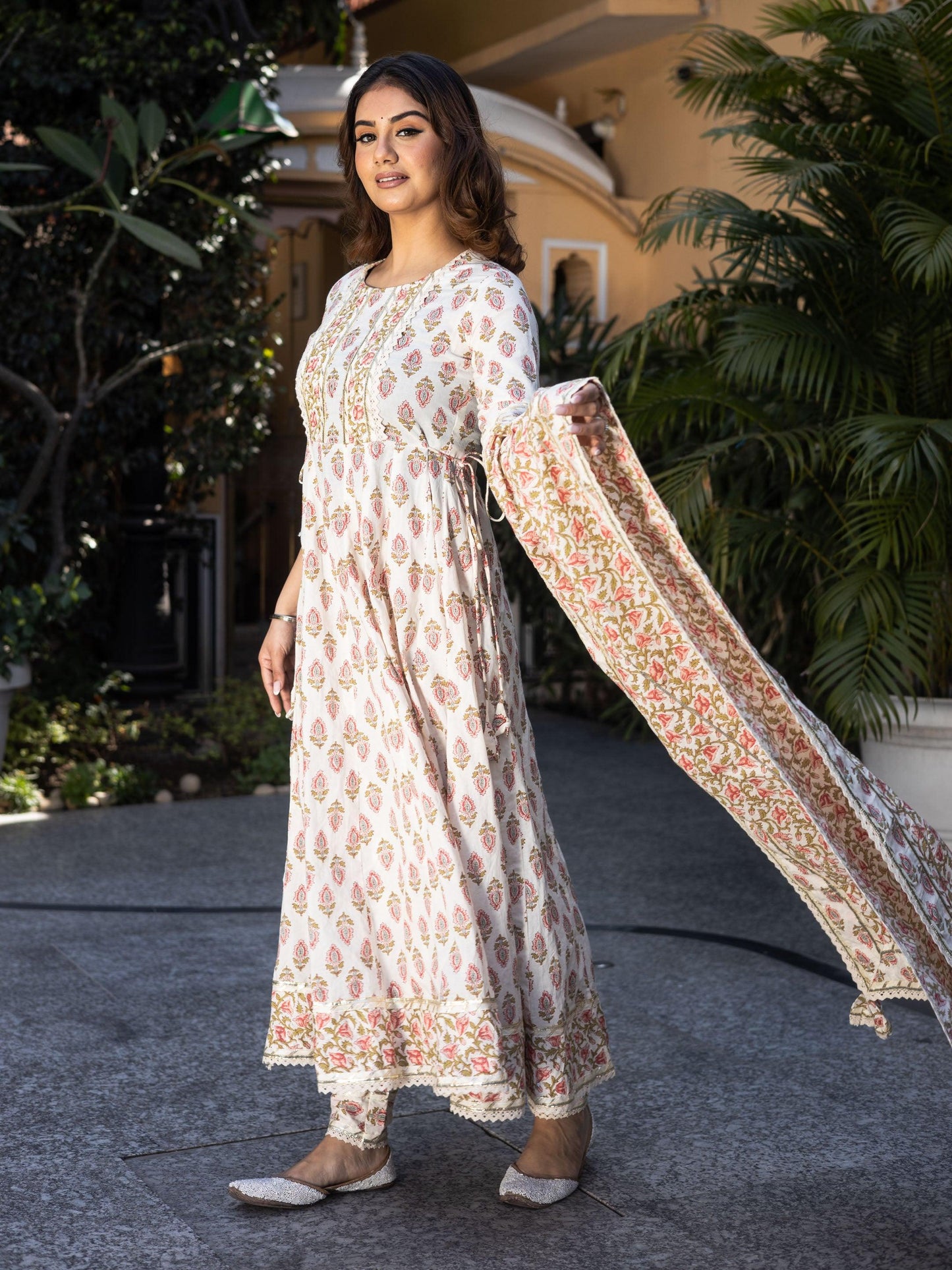 Eshani Cream Floral Anarkali Cotton Kurta Palazzo set with Dupatta - divenaworld.com