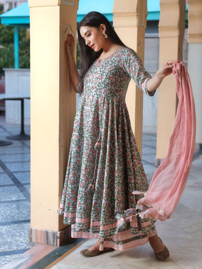 Eshani Pastel Blue Floral Anarkali Cotton Kurta Palazzo set with Dupatta - divenaworld.com