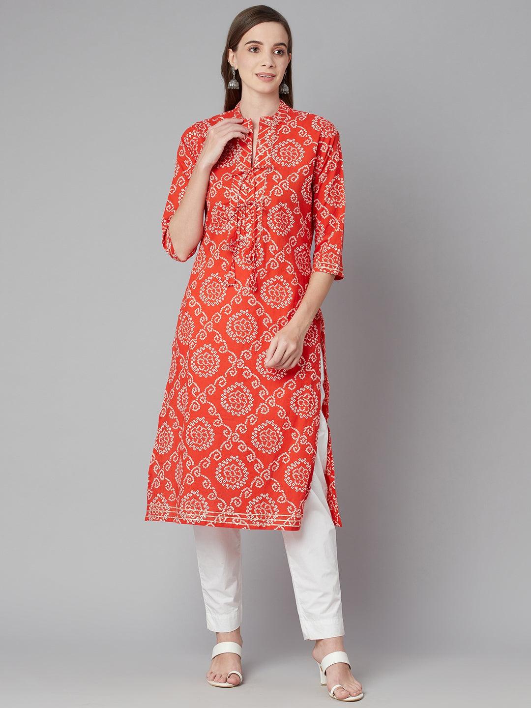 Eshani Red bandhej Straight Kurta - Eshani world