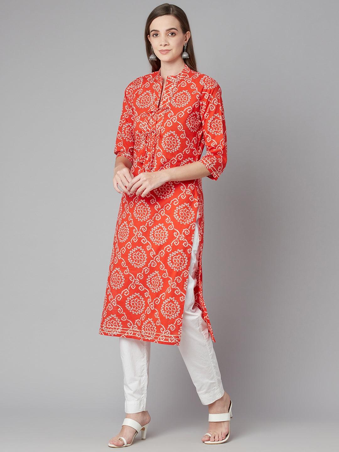 Eshani Red bandhej Straight Kurta - Eshani world