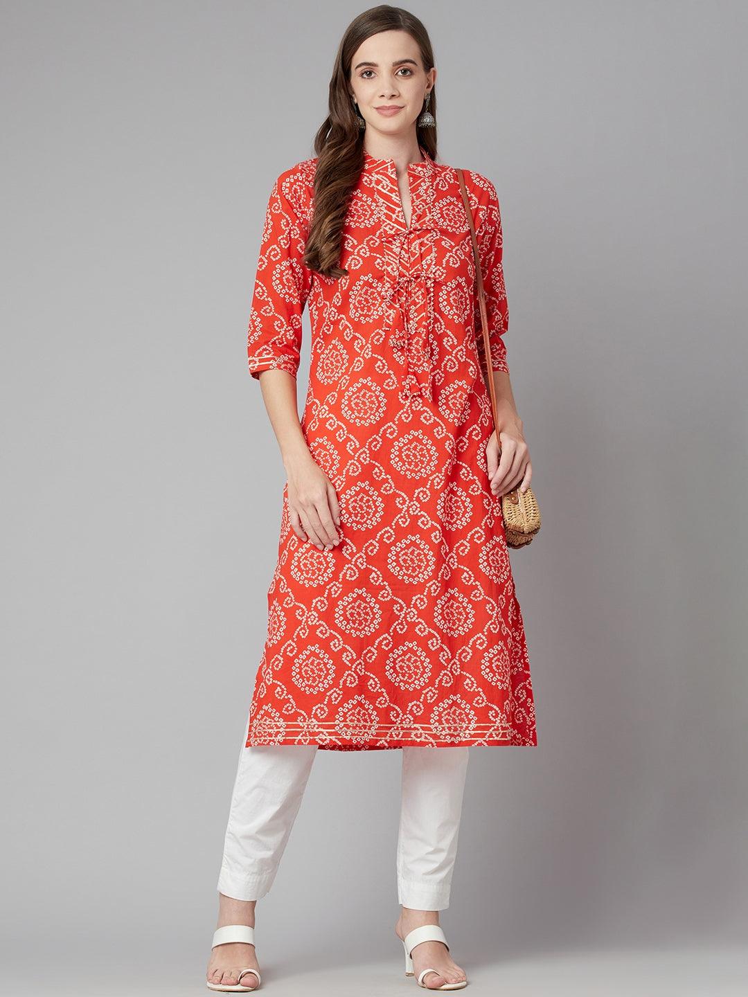 Eshani Red bandhej Straight Kurta - Eshani world