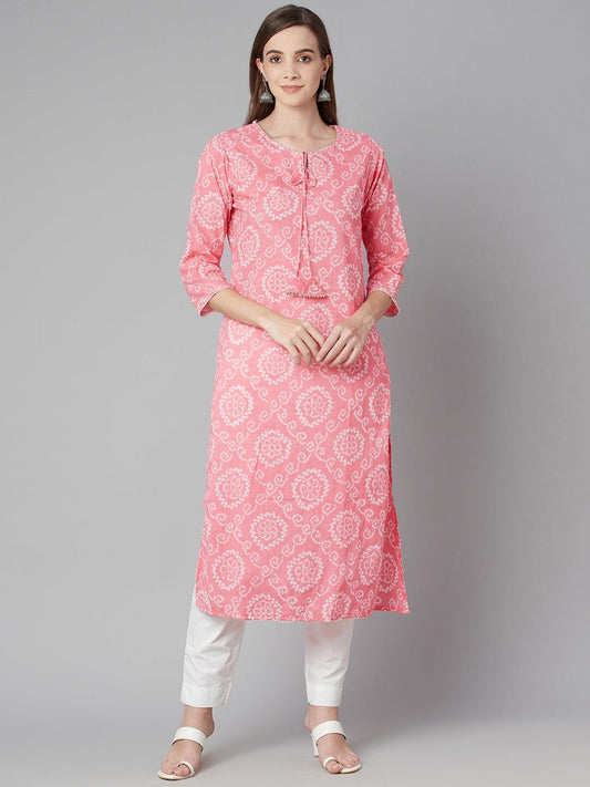 Eshani Baby Pink Bandhej Straight Kurta - Eshani world