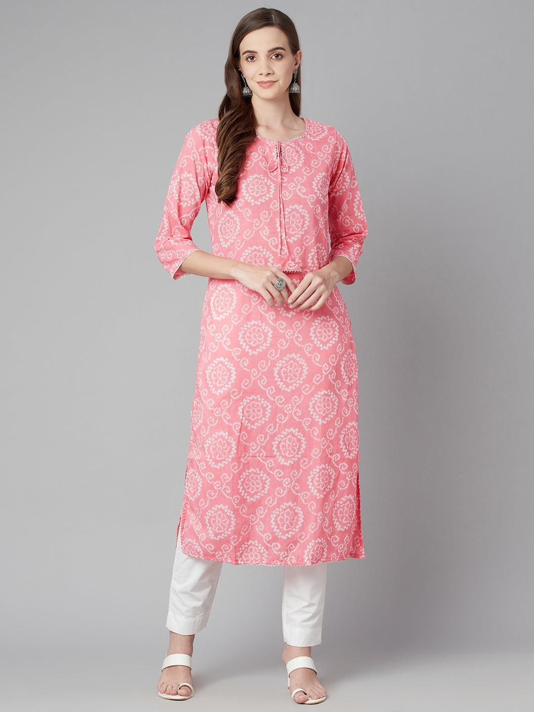 Eshani Baby Pink Bandhej Straight Kurta - Eshani world