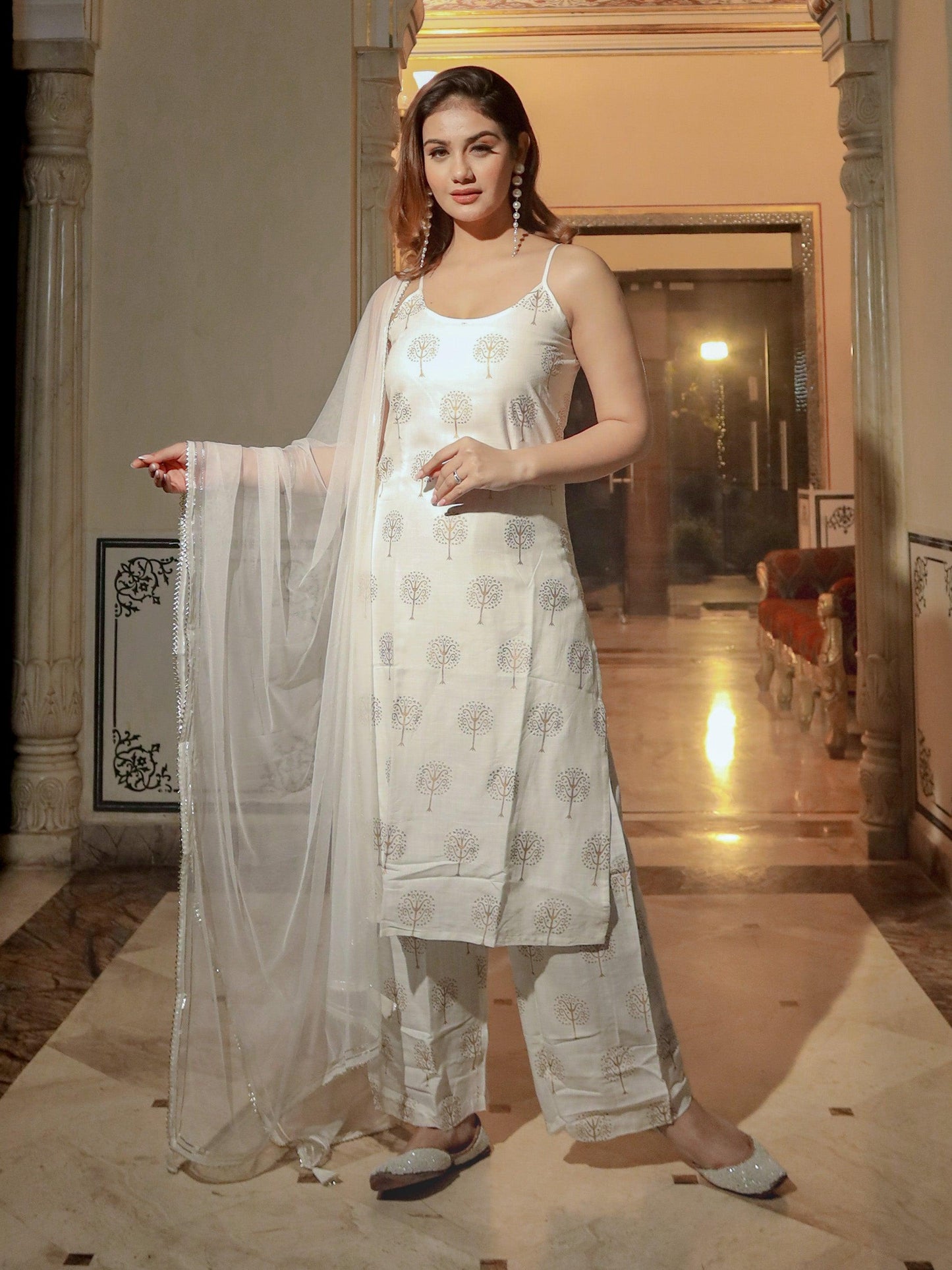 Eshani white shoulder strip Kurta Palazoo set with net Dupatta - divenaworld.com