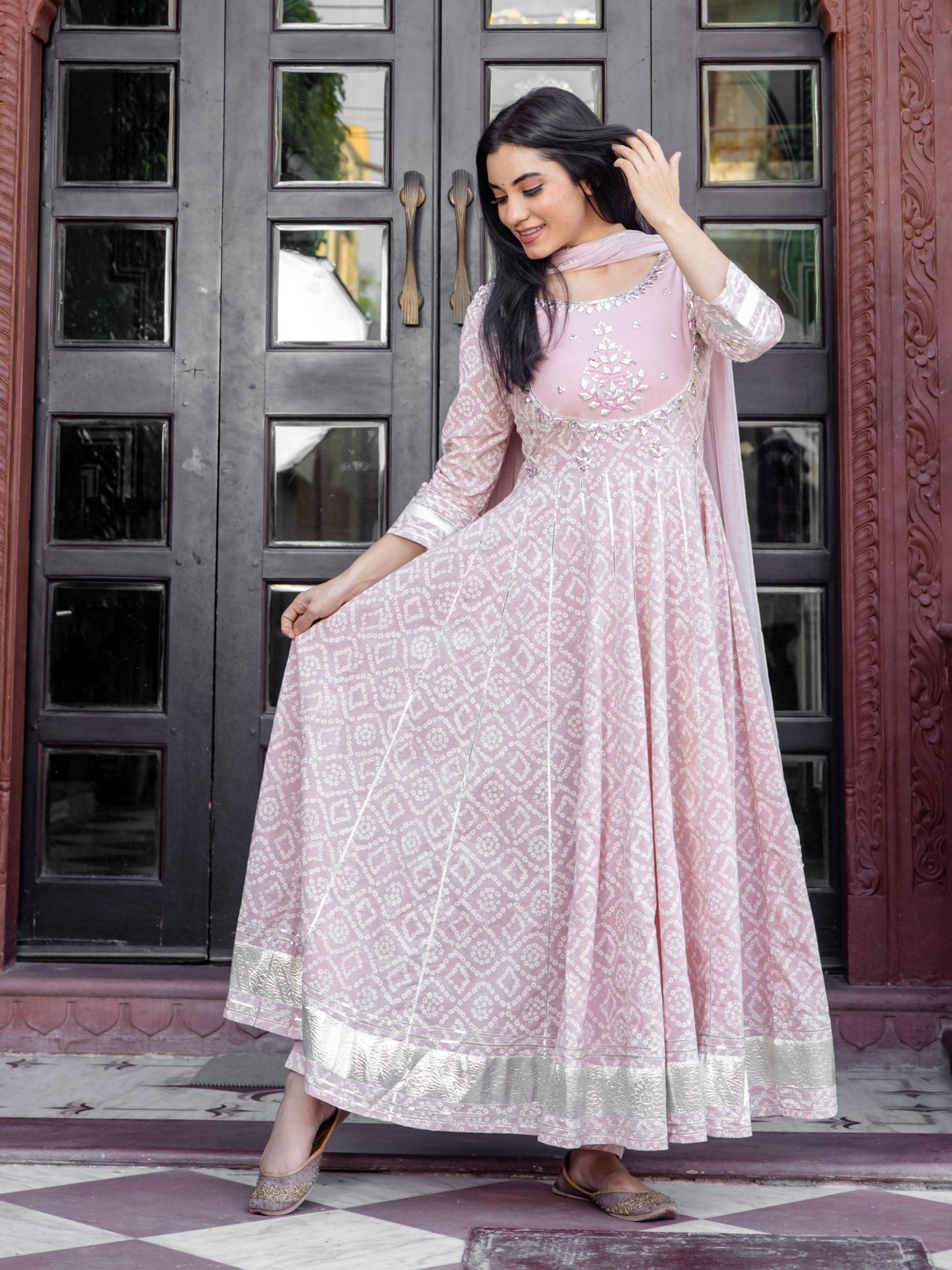 Eshani Light Pink Cotton Anarkali Gown Pant set with Net Dupatta - divenaworld.com