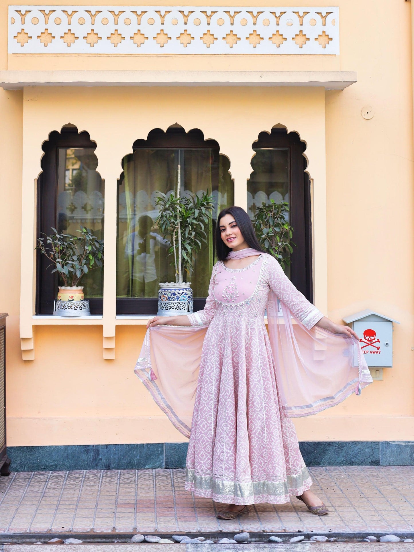 Eshani Light Pink Cotton Anarkali Gown Pant set with Net Dupatta - divenaworld.com