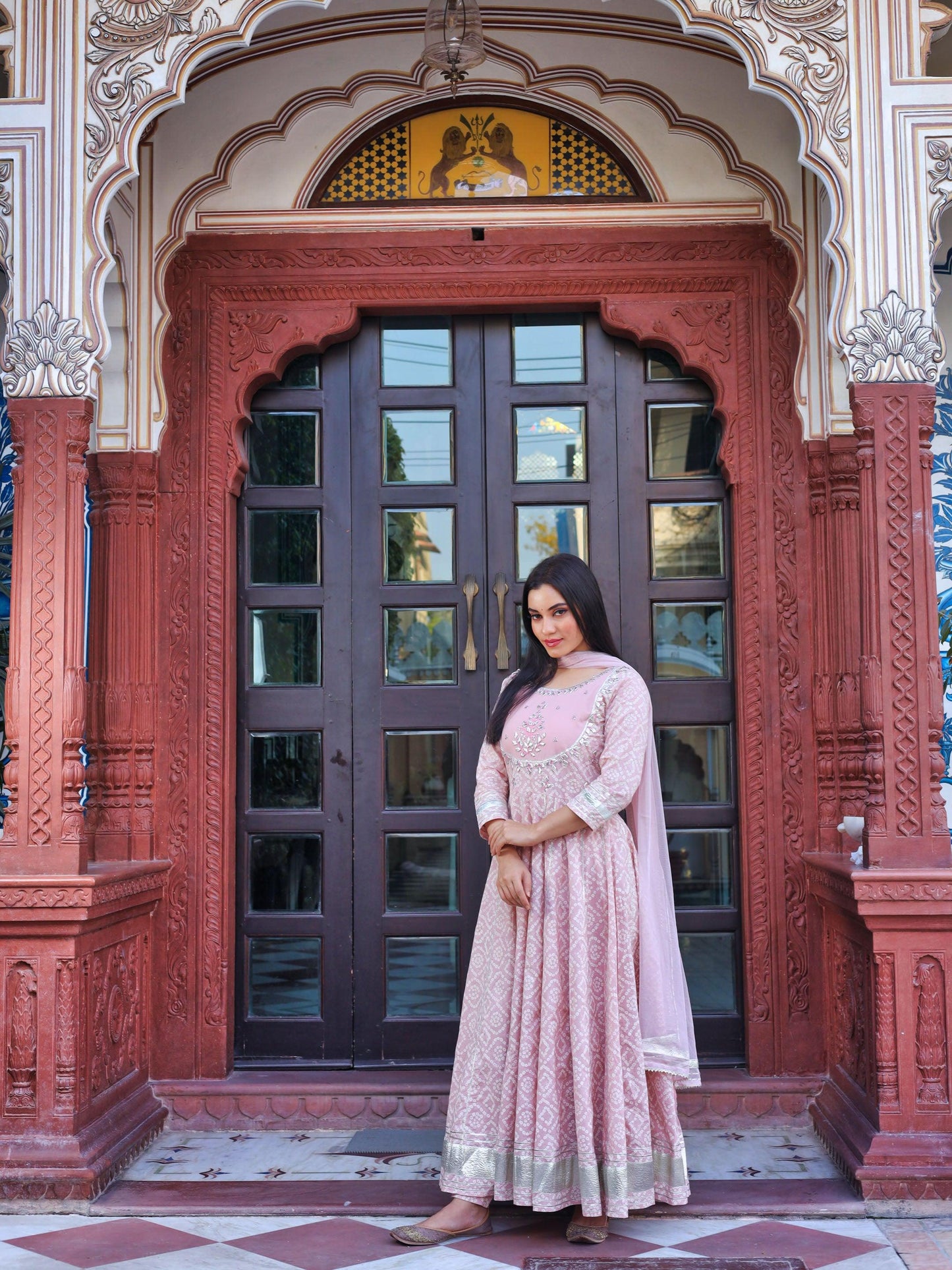 Eshani Light Pink Cotton Anarkali Gown Pant set with Net Dupatta - divenaworld.com