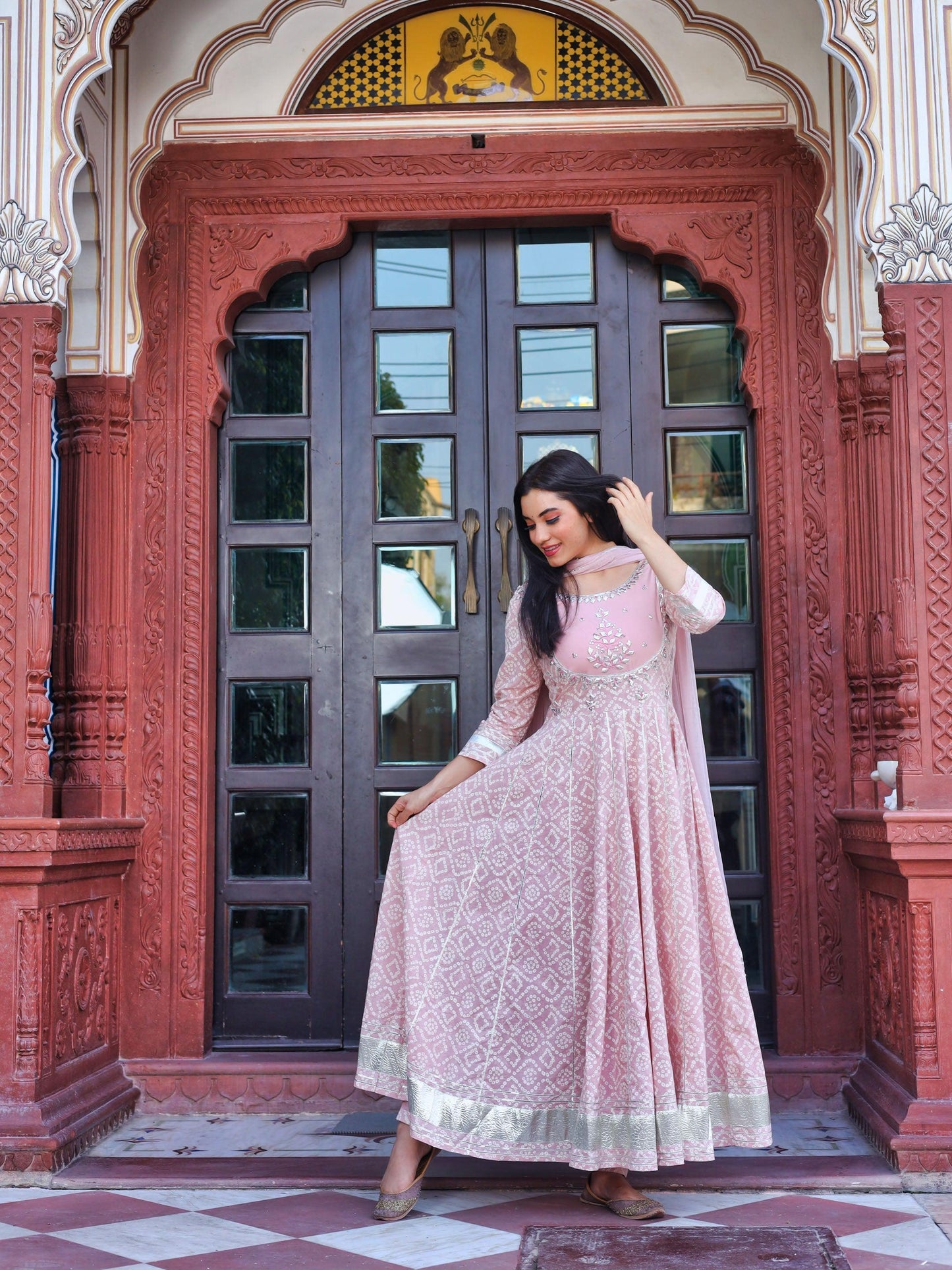 Eshani Light Pink Cotton Anarkali Gown Pant set with Net Dupatta - divenaworld.com