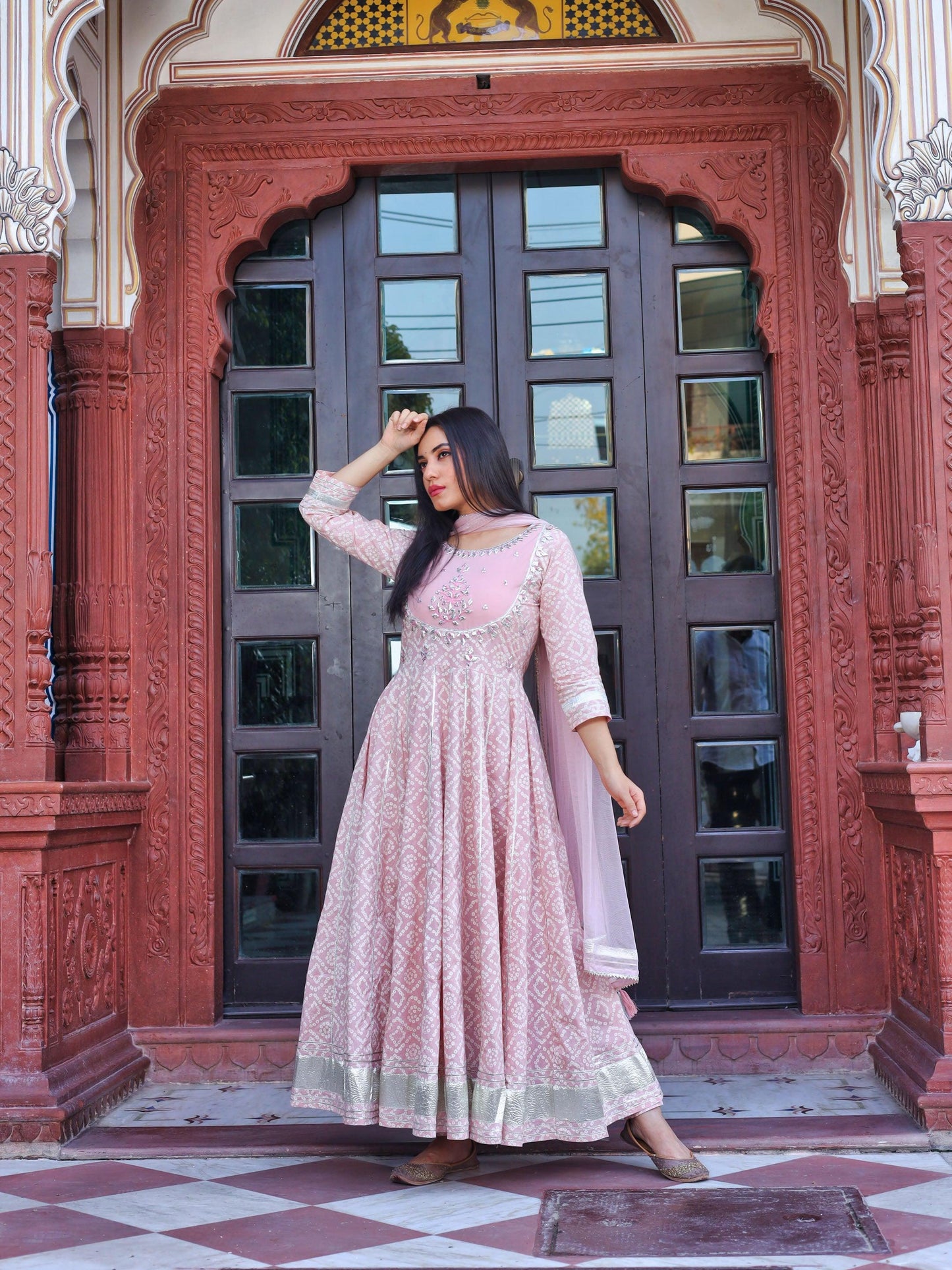 Eshani Light Pink Cotton Anarkali Gown Pant set with Net Dupatta - divenaworld.com