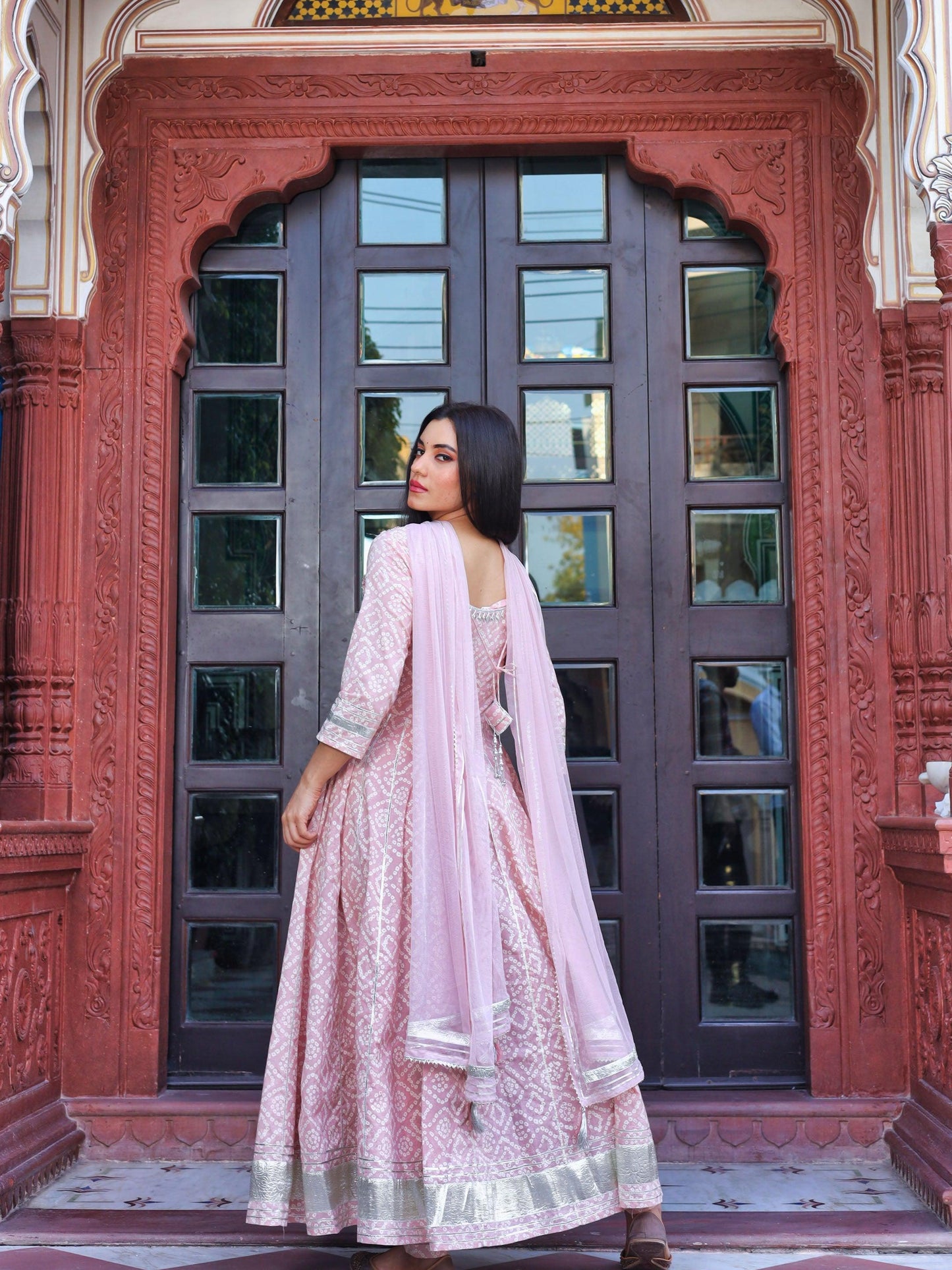 Eshani Light Pink Cotton Anarkali Gown Pant set with Net Dupatta - divenaworld.com