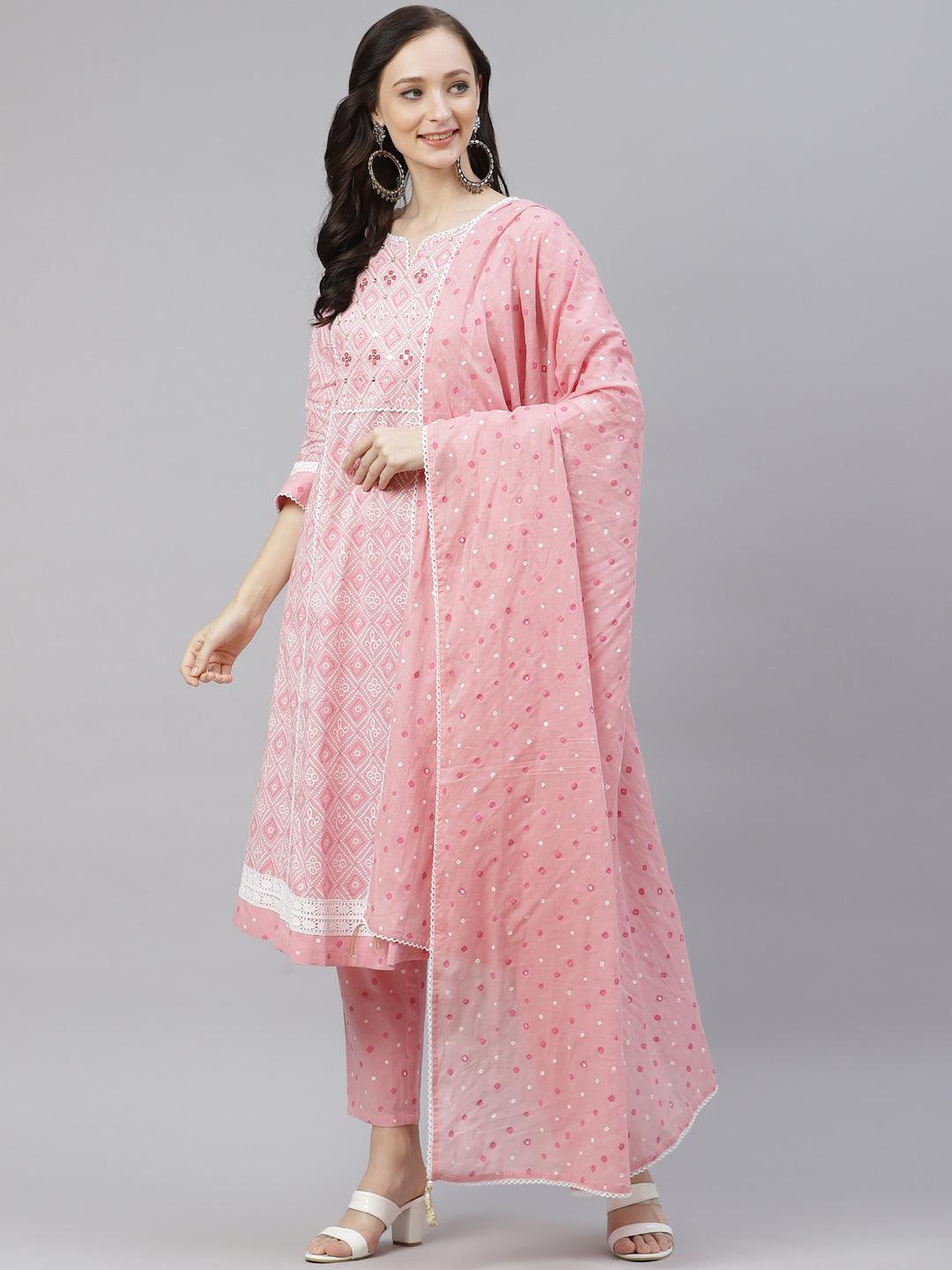 Eshani Pink Cotton A-line kurta Pant set with Dupatta - Eshani world