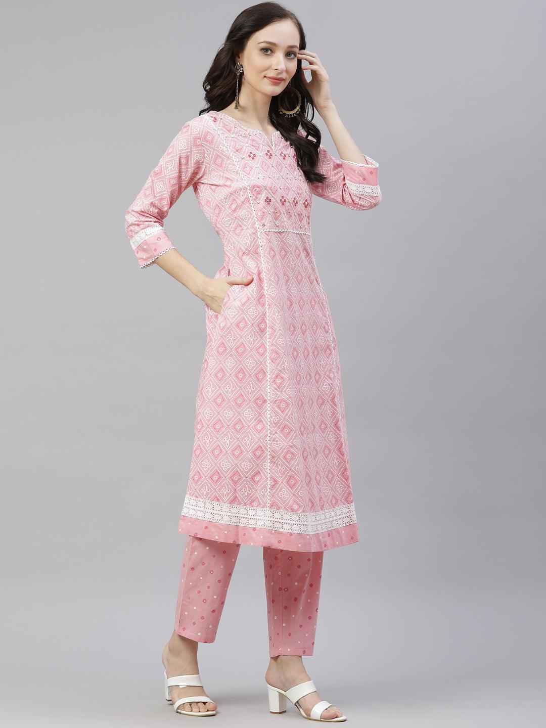 Eshani Pink Cotton A-line kurta Pant set with Dupatta - Eshani world