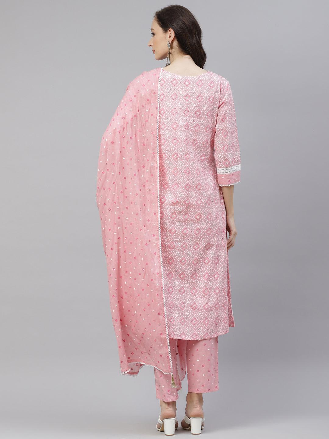 Eshani Pink Cotton A-line kurta Pant set with Dupatta - Eshani world