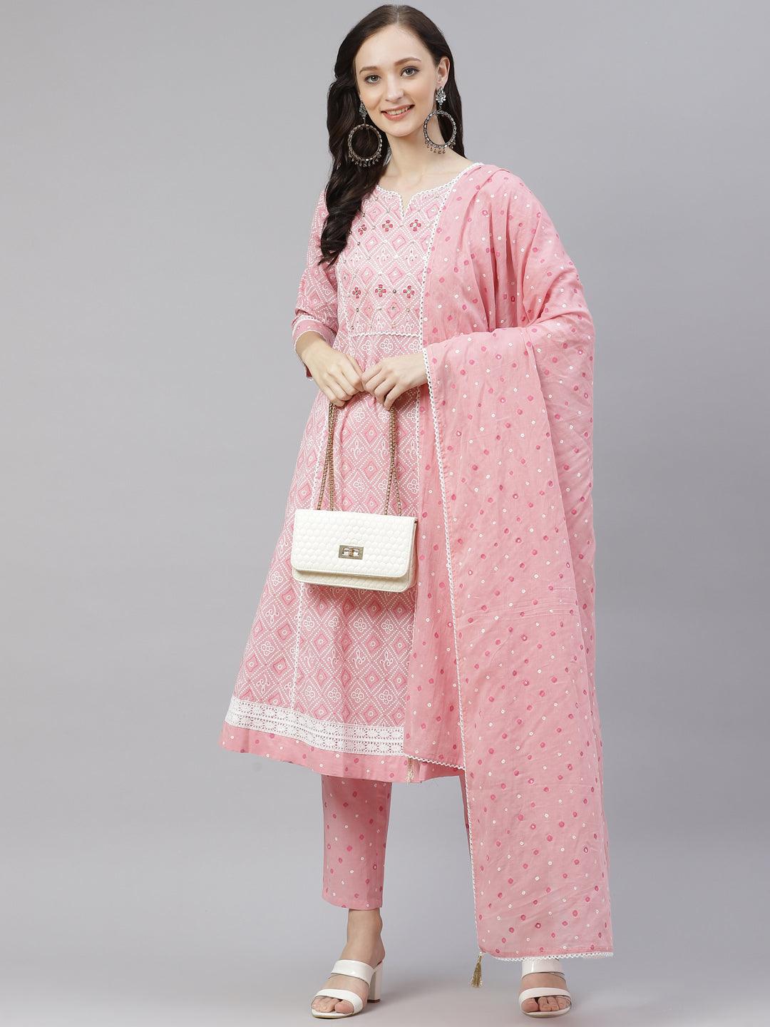 Eshani Pink Cotton A-line kurta Pant set with Dupatta - Eshani world