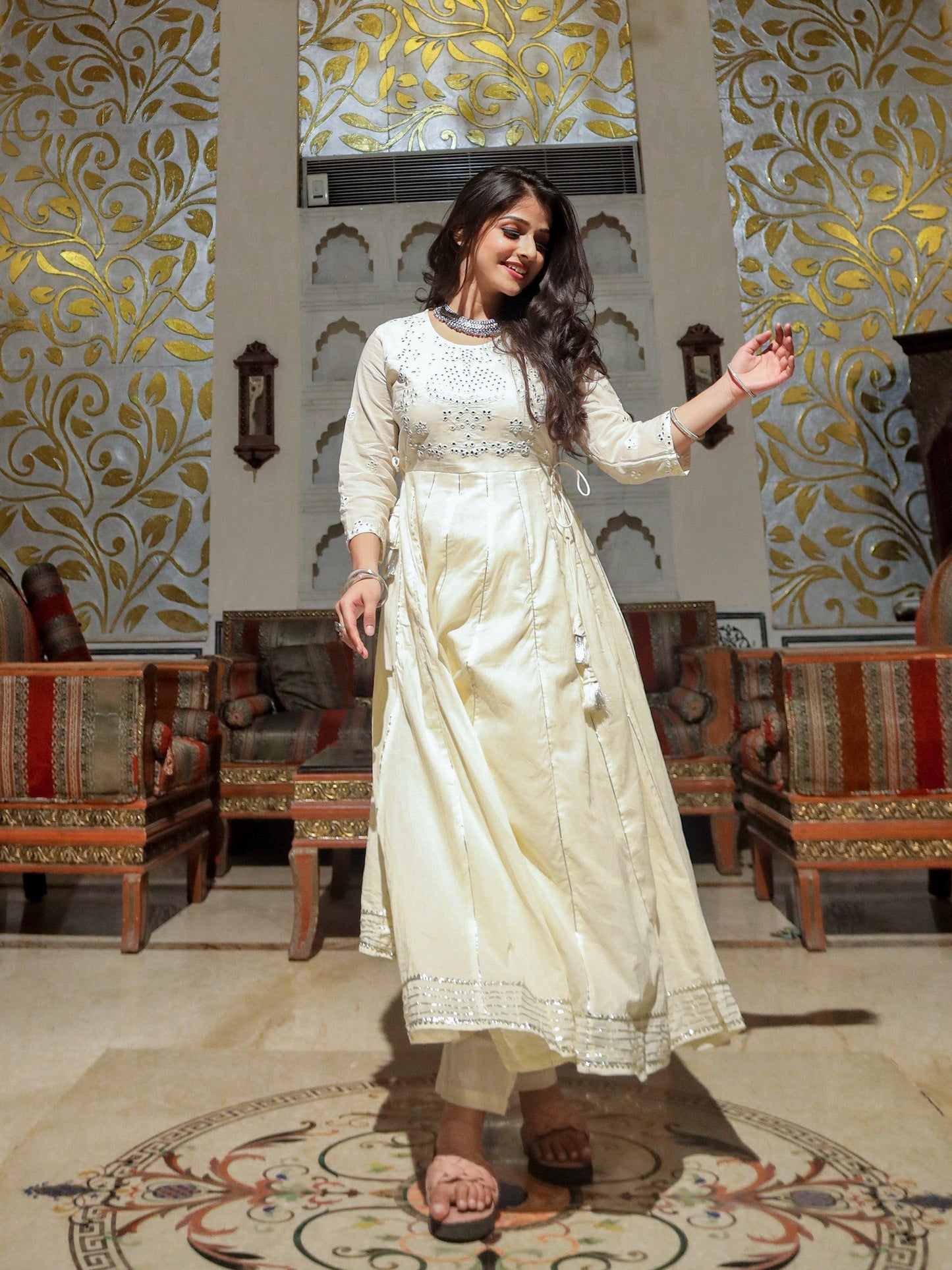 Eshani Off White Cotton Anarkali kurta Pant Set - divenaworld.com