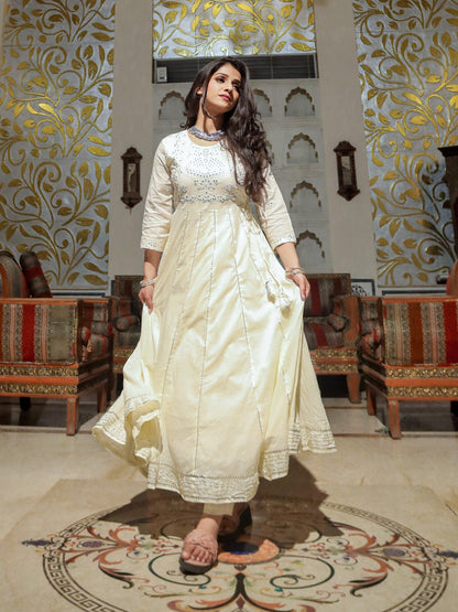 Eshani Off White Cotton Anarkali kurta Pant Set - divenaworld.com