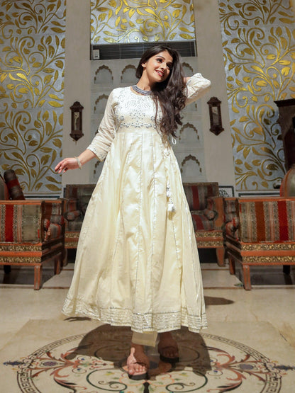 Eshani Off White Cotton Anarkali kurta Pant Set - divenaworld.com