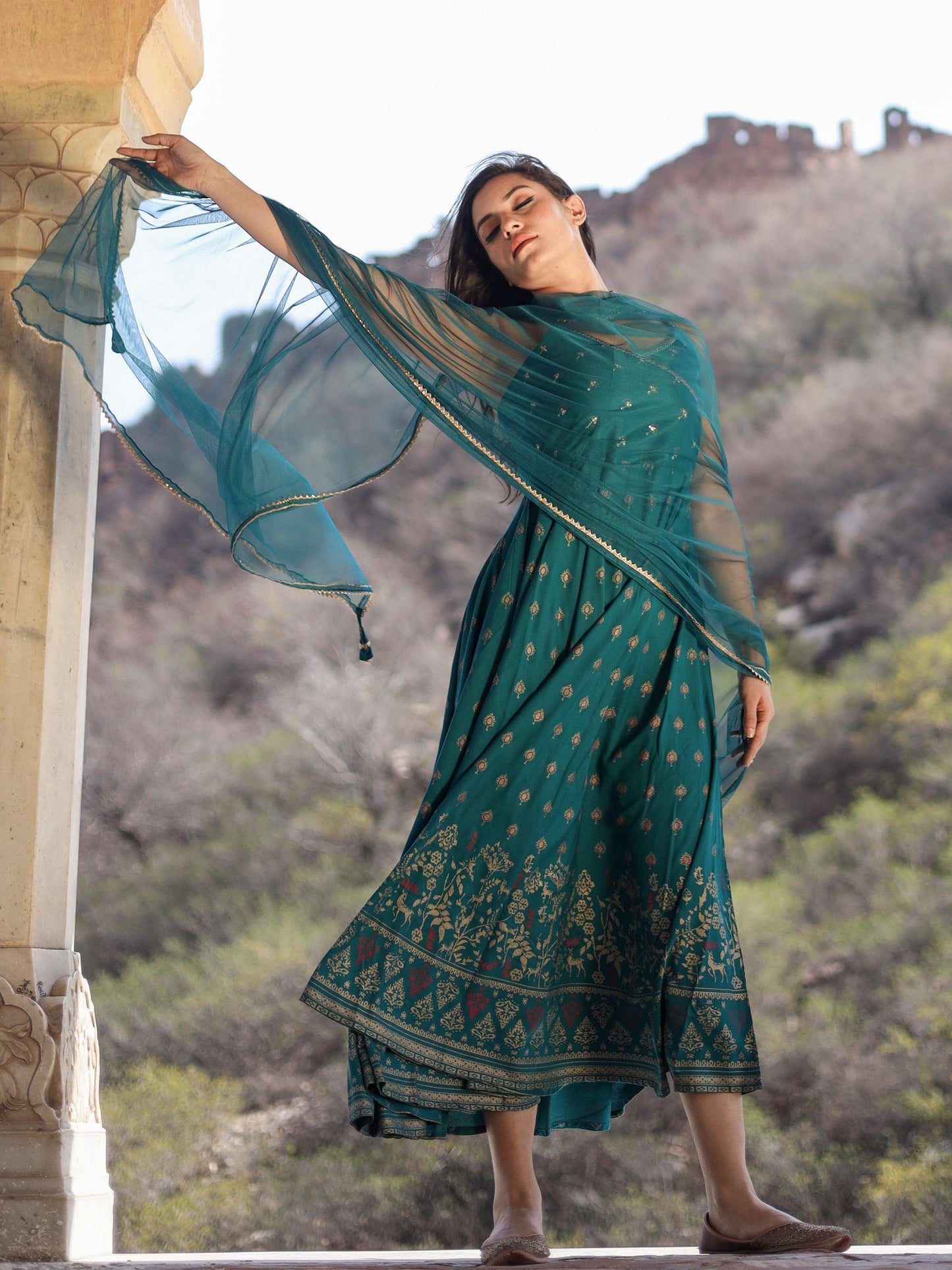 Eshani Rama green Rayon Shoulder Strip Anarkali Kurta with Net Dupatta - divenaworld.com