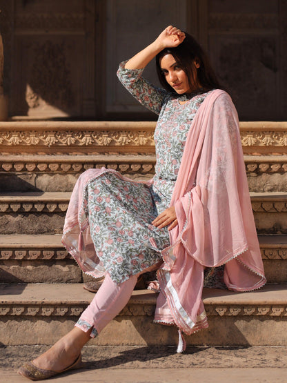 Eshani Pastel Blue Floral straight Cotton Kurta Pant set with Dupatta - divenaworld.com