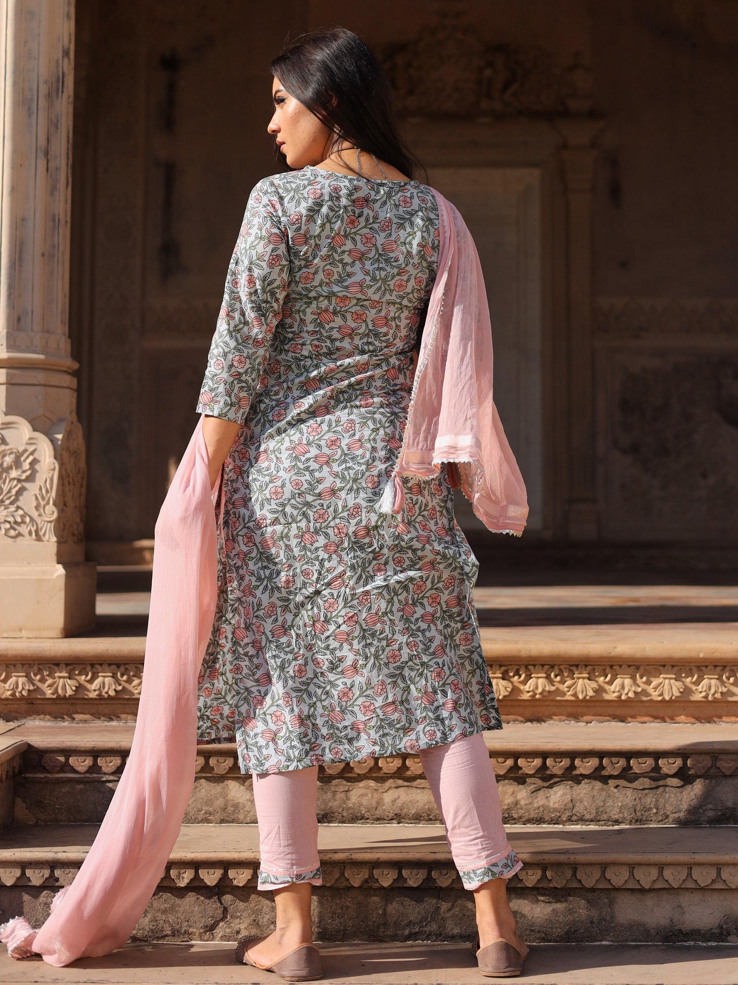 Eshani Pastel Blue Floral straight Cotton Kurta Pant set with Dupatta - divenaworld.com